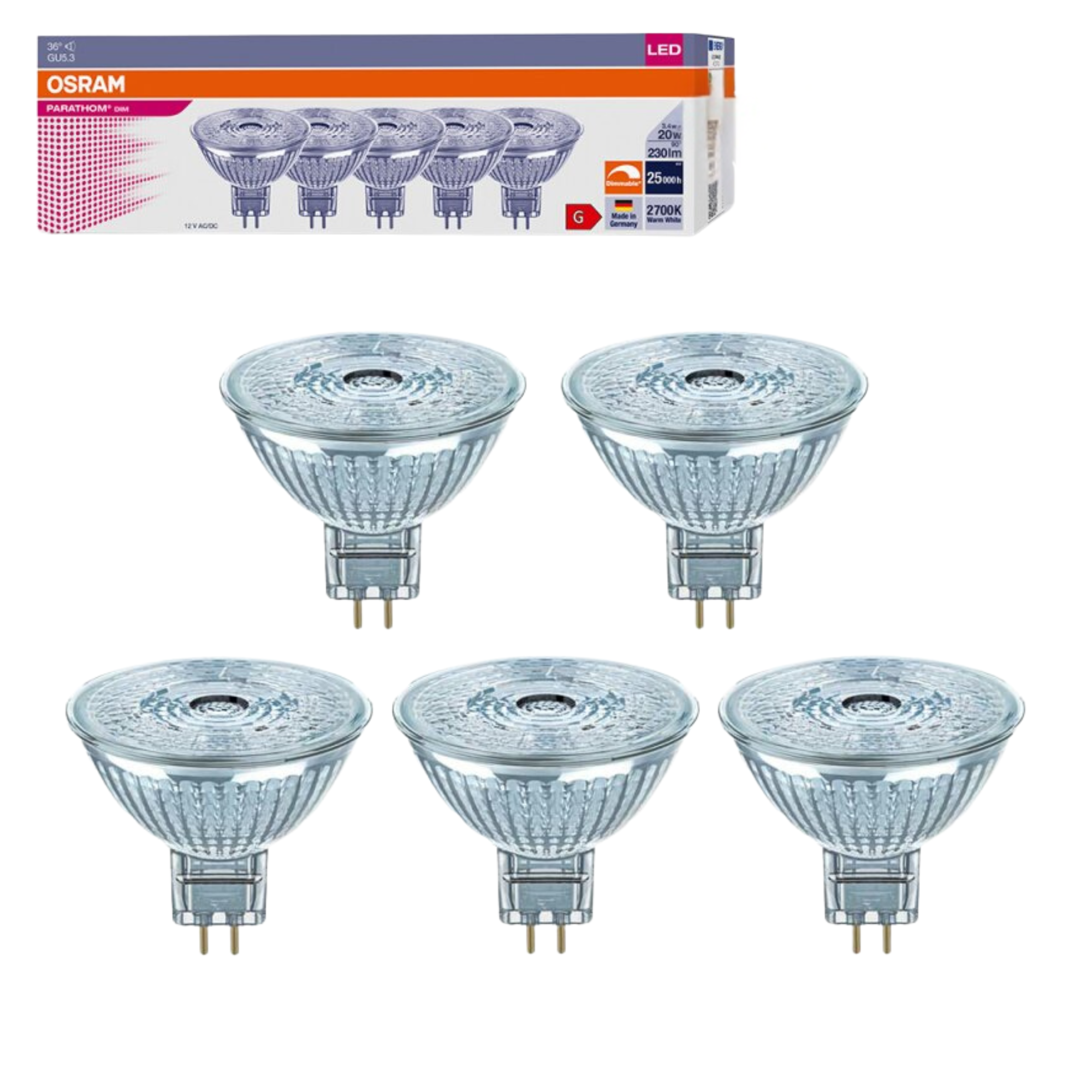 Osram GU5.3 LED lampen 12V - Dimbaar warm wit licht - 3W vervangt 20W - 5PACK