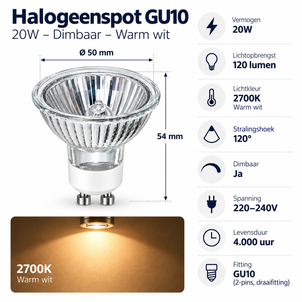 GU10 Halogeenspot 20W – Dimbaar – 2700K Warm Wit