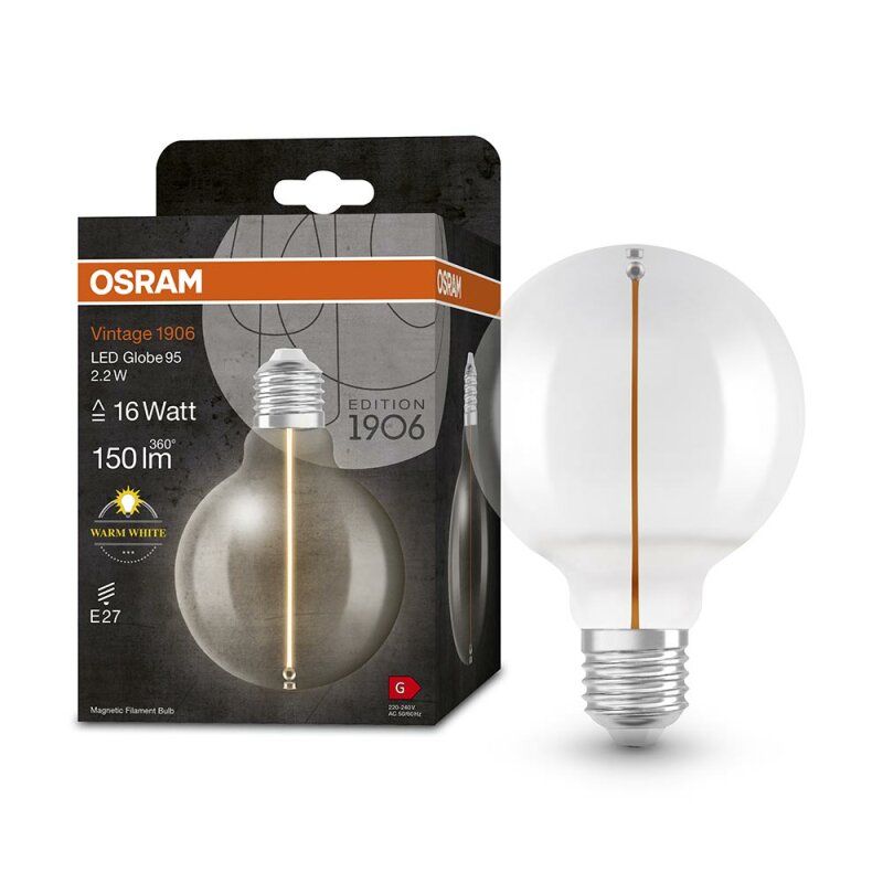 Osram Vintage 1906 LED Lamp – E27 – Globe G95 – Helder Glas – 2.2W (16W) – 2700K Warm Wit